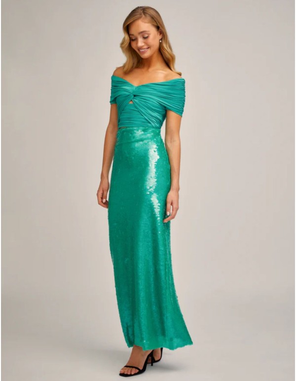 Jupe droite pailletée vert turquoise avec fente au dos