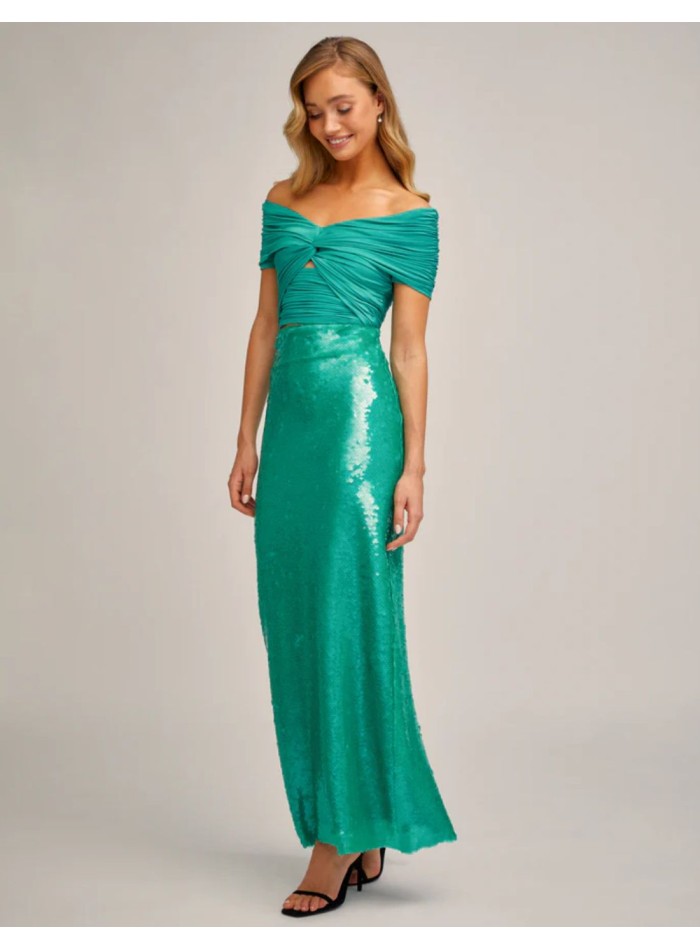 Jupe droite pailletée vert turquoise avec fente au dos