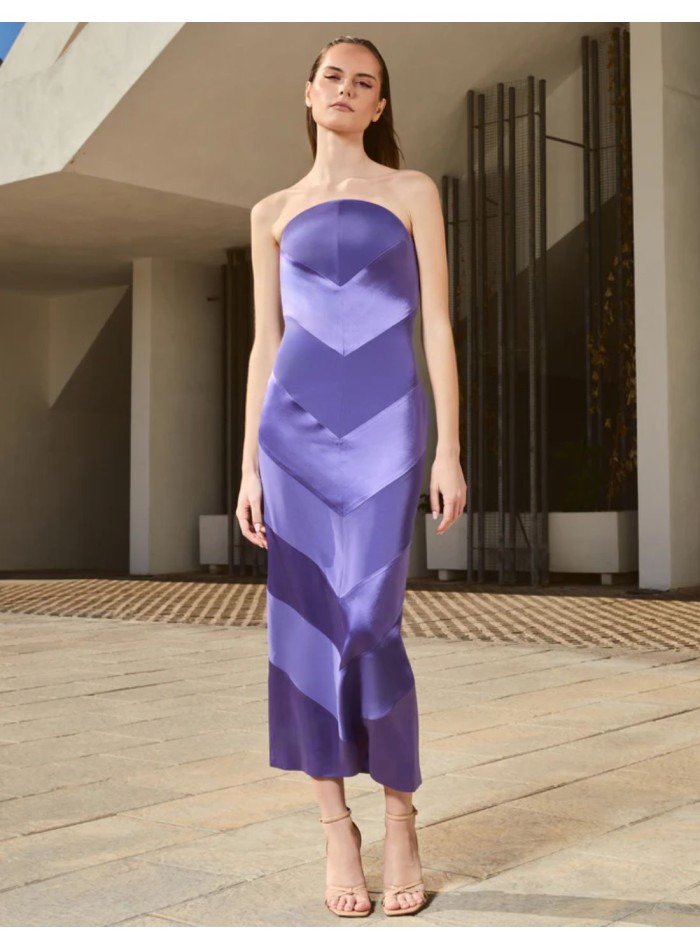 Strapless purple midi dress with curved neckline