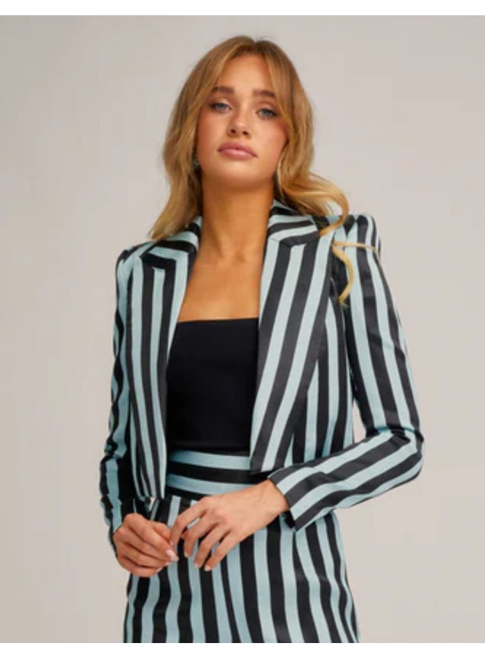 Tailored black and light blue striped jacket with tuxedo collar