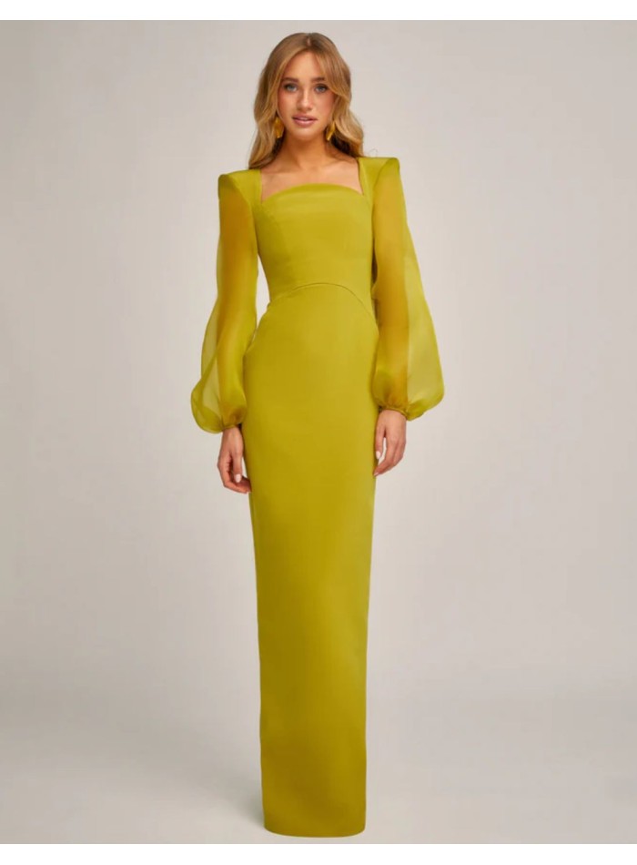 Robe longue pistache à encolure cintrée et manches bouffantes