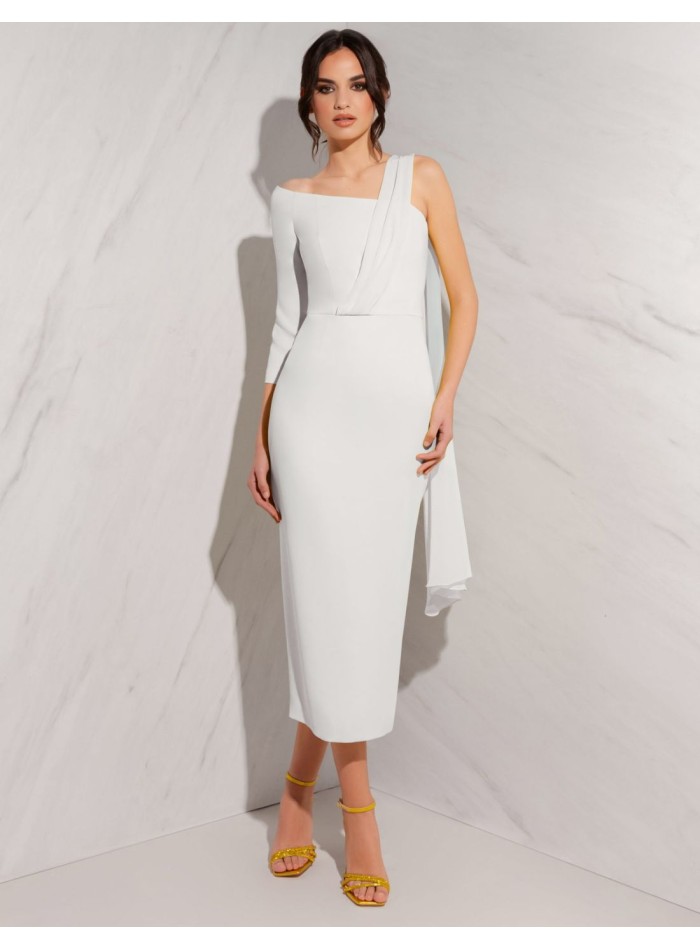 Midi dress with asymmetrical neckline and shawl