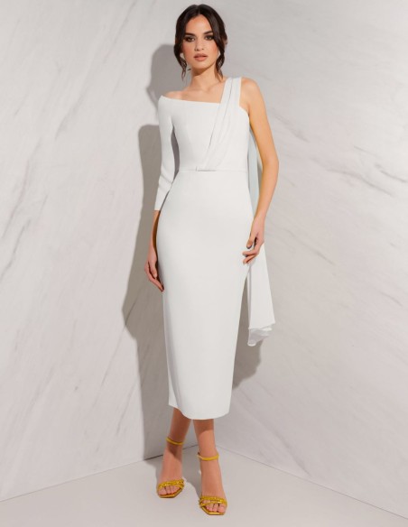 Midi dress with asymmetrical neckline and shawl