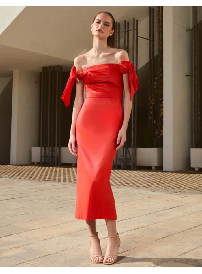 Robe midi rouge extensible avec corsage drapé