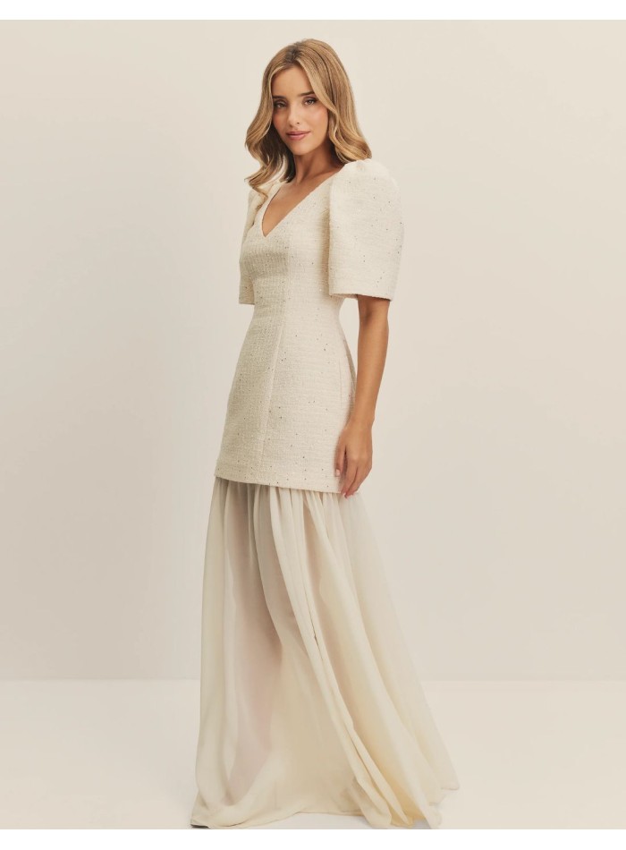 Robe de mariée en tweed et mousseline de soie avec manches bouffantes