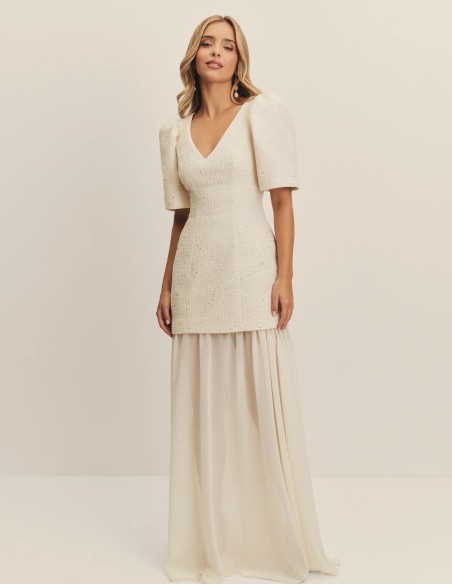 Vestido de novia en tweed y gasa con manga abullonada para boda