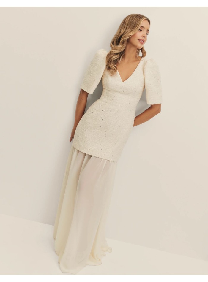 Vestido de novia en tweed y gasa con manga abullonada elegante