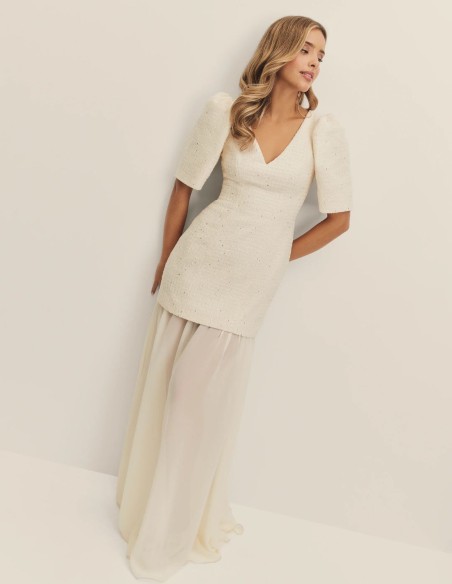 Vestido de novia en tweed y gasa con manga abullonada elegante