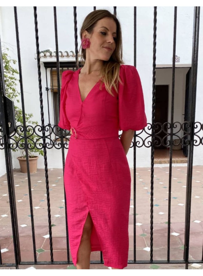 Robe midi avec découpe et manches bouffantes