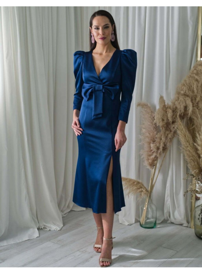 Satin midi dress with puffed sleeves and bow
