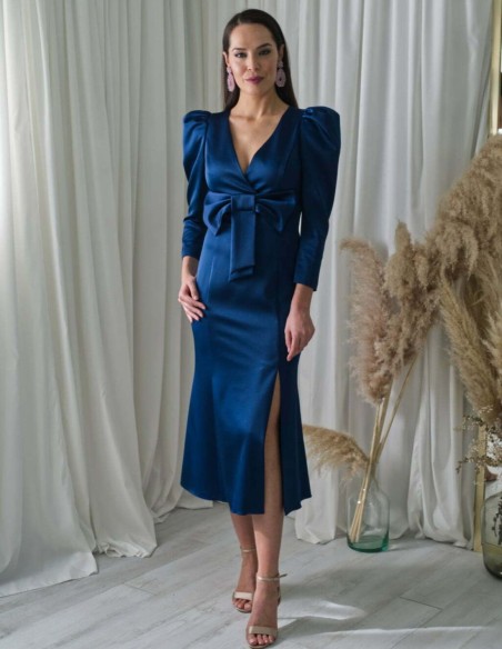 Satin midi dress with puffed sleeves and bow