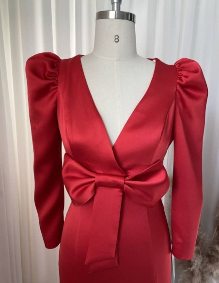 Satin midi dress with puffed sleeves and bow