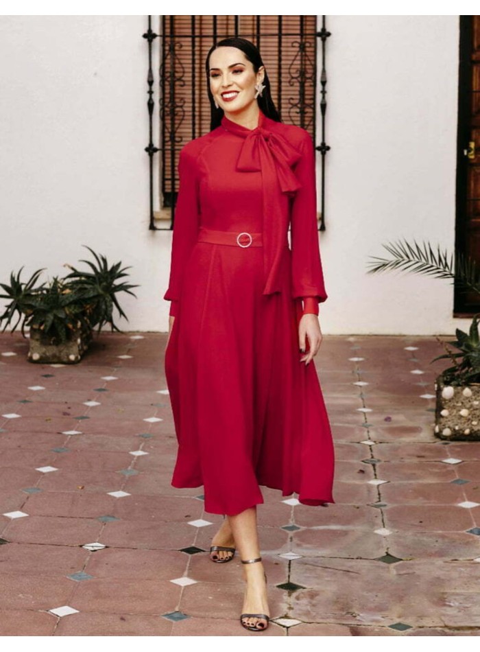 Midi dress in chiffon fabric with neck tie