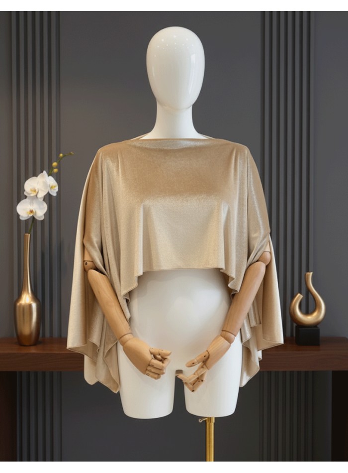 Short velvet guest cape with slits in beige color