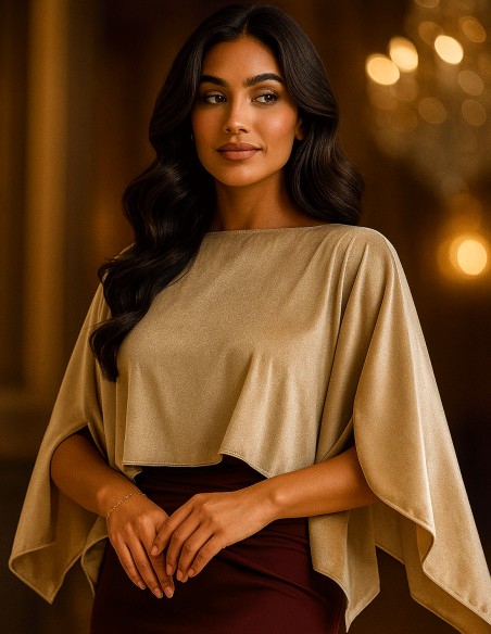 Short velvet guest cape with slits in beige color