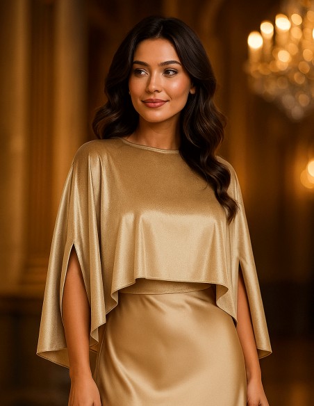 Short velvet guest cape with slits in beige color