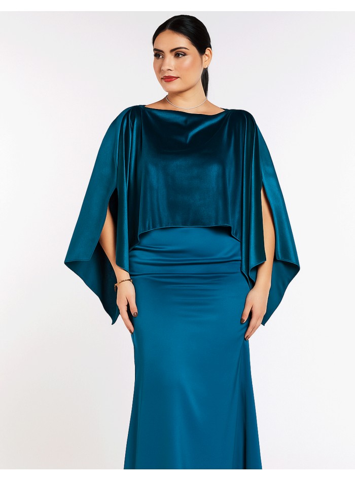 Fine velvet cape with slits in petroleum blue color