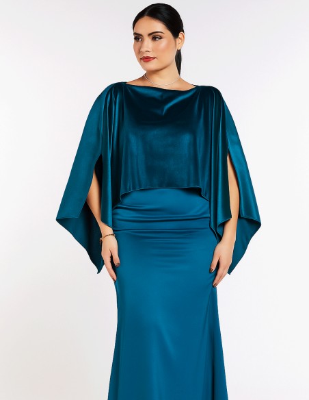 Fine velvet cape with slits in petroleum blue color