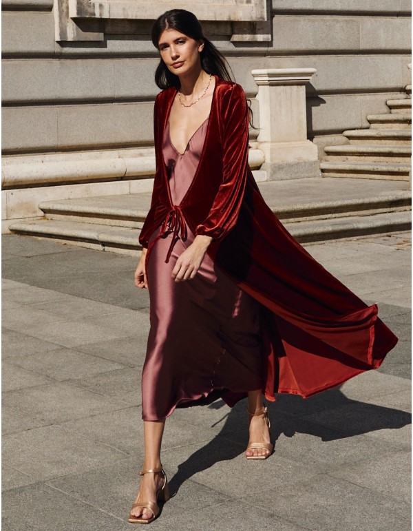 Brown velvet midi coat with crossover neckline