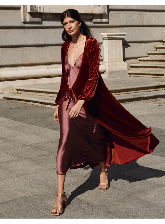 Brown velvet midi coat with crossover neckline