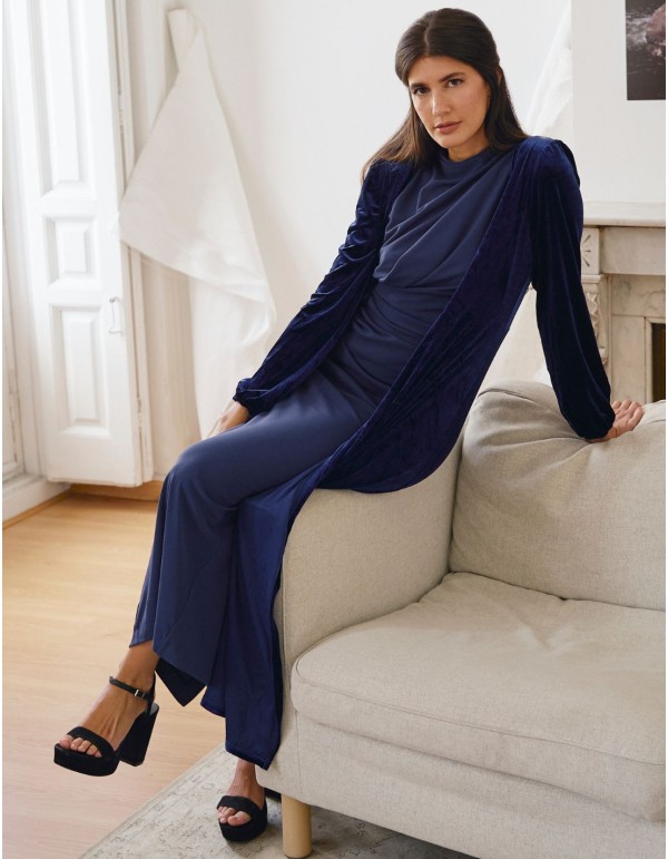 Manteau midi en velours bleu avec encolure croisée