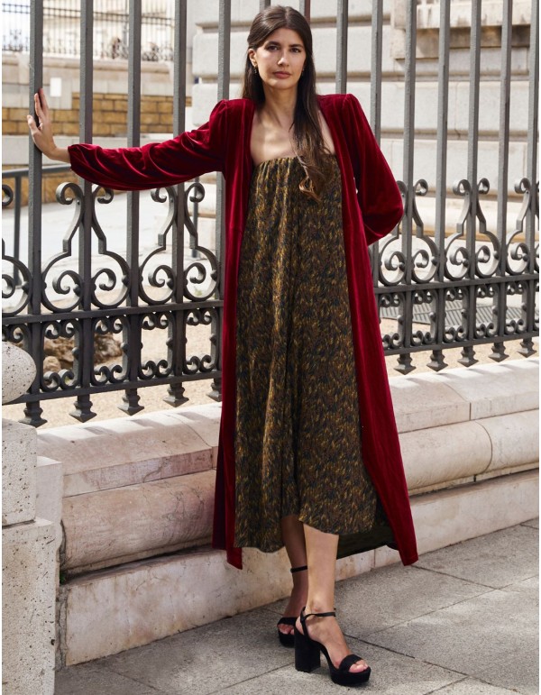 Red velvet midi coat with crossover neckline