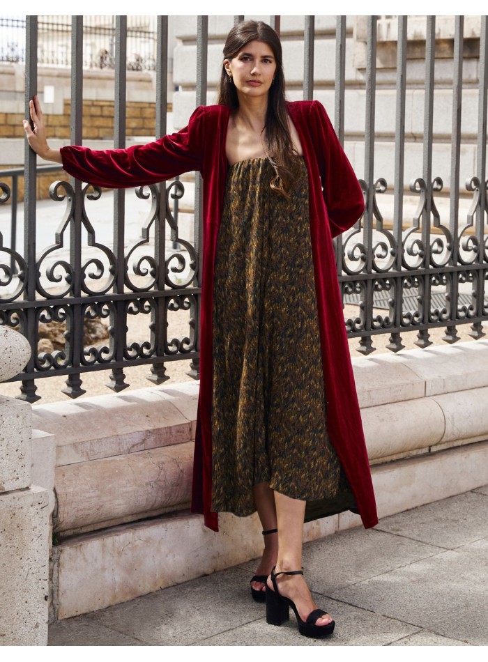 Red velvet midi coat with crossover neckline