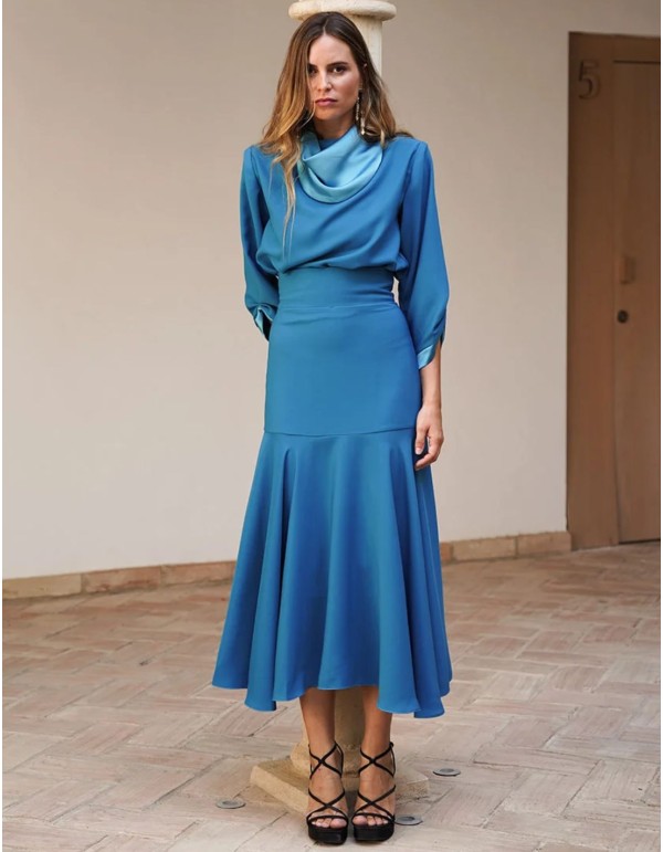 Turquoise wide waist midi skirt with layered hemline