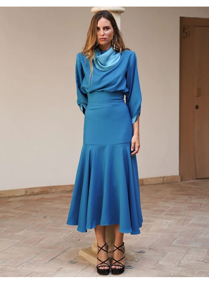 Turquoise wide waist midi skirt with layered hemline