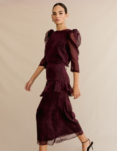 Set of semitransparent blouse and midi skirt with ruffle