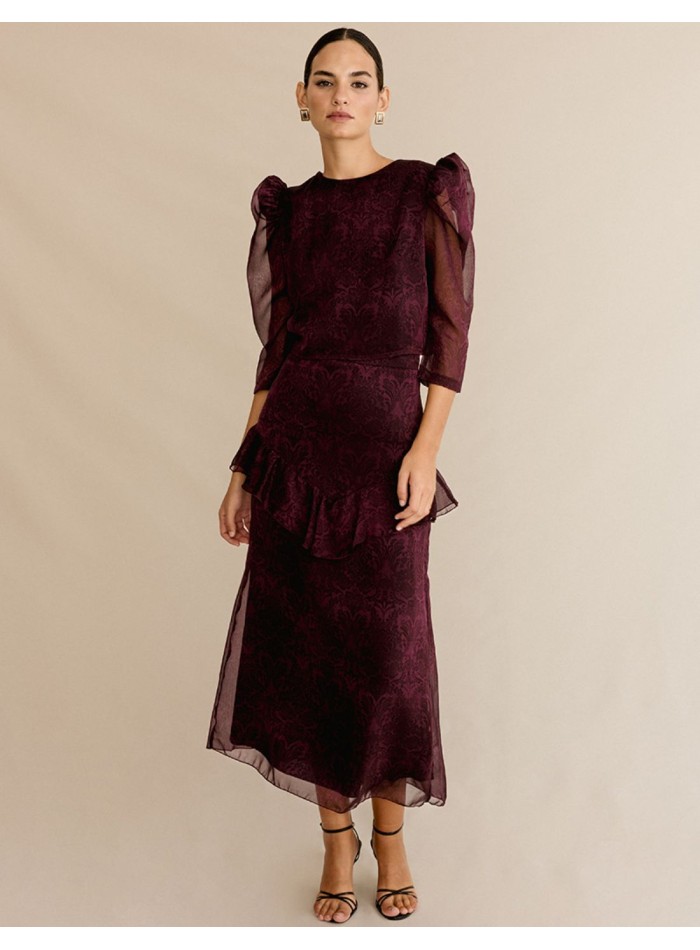 Set of semitransparent blouse and midi skirt with ruffle