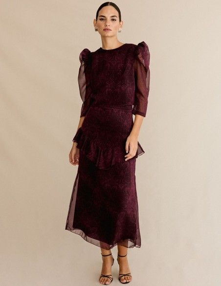 Set of semitransparent blouse and midi skirt with ruffle