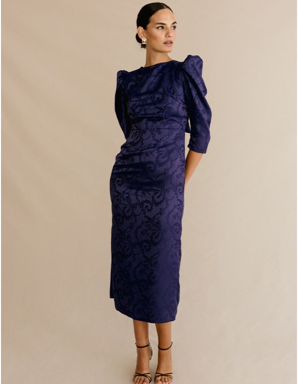 Robe midi en brocart avec manches bouffantes et laçage 2