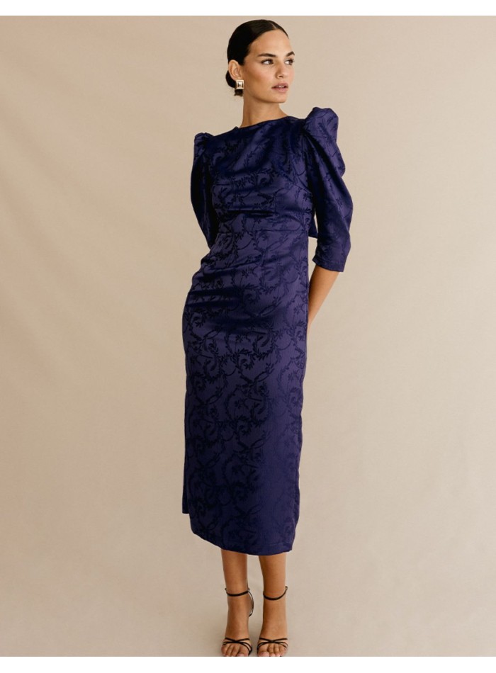 Robe midi en brocart avec manches bouffantes et laçage