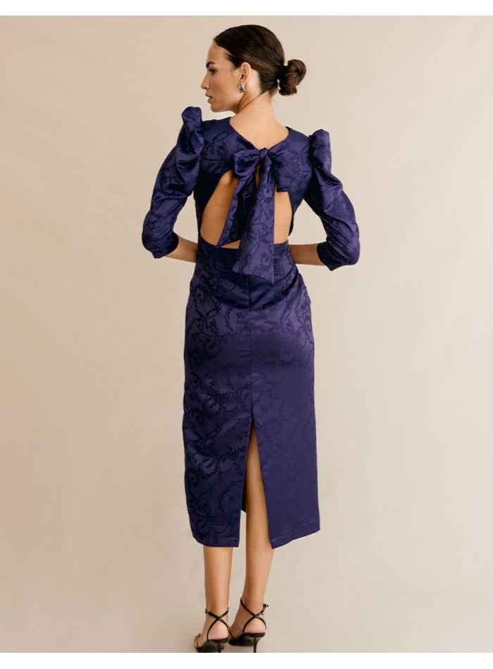 Vestido midi brocado con mangas abullonadas y lazada marino