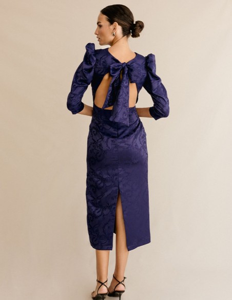 Brocade midi dress with puffed sleeves and lacing