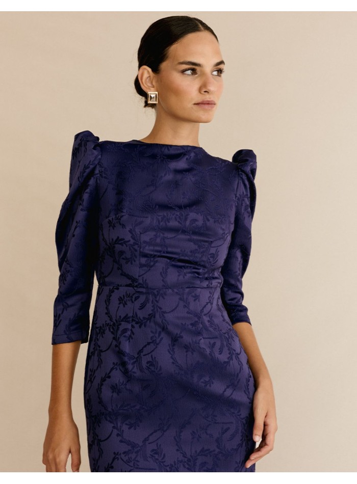 Vestido midi brocado con mangas abullonadas y lazada azul marino