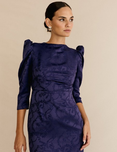 Brocade midi dress with puffed sleeves and lacing