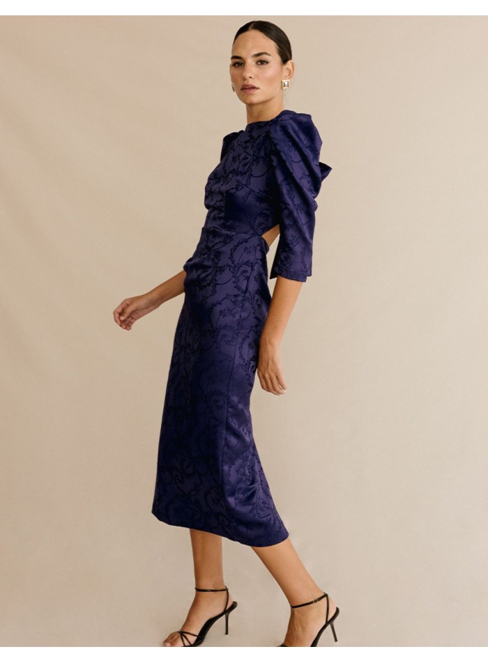 Robe midi en brocart avec manches bouffantes et...