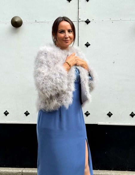 Short ostrich feather guest jacket in grey color