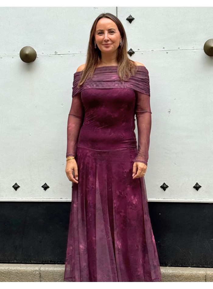 Long printed party dress with bardot neckline...