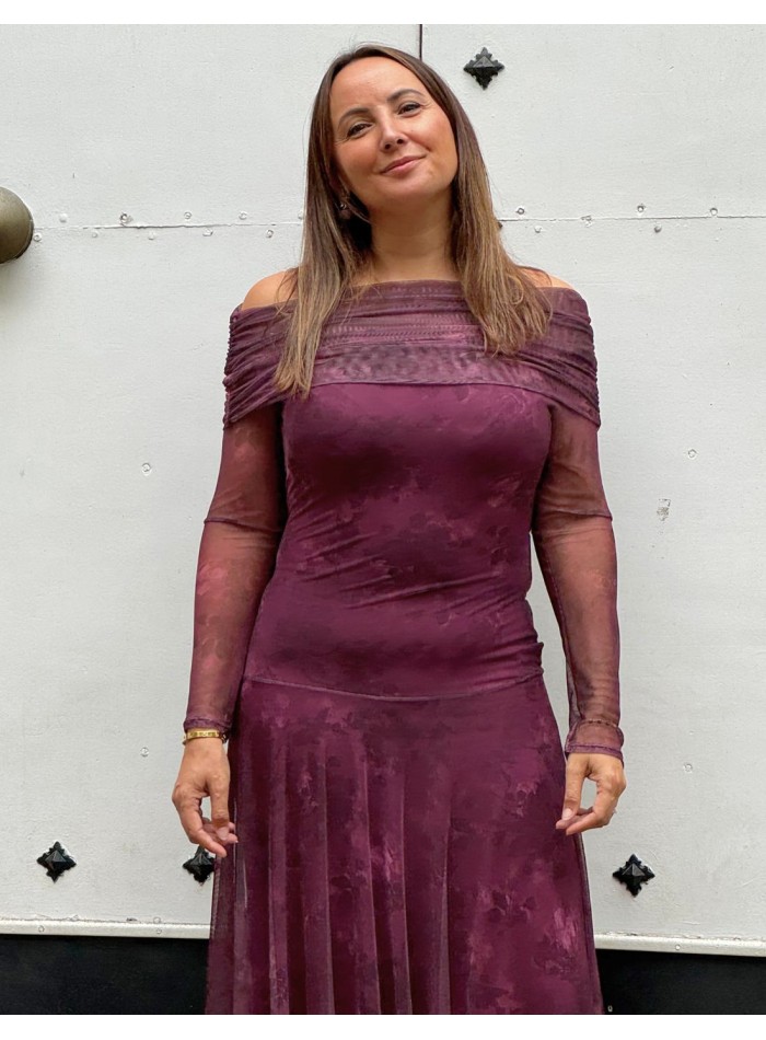 Long printed party dress with bardot neckline...