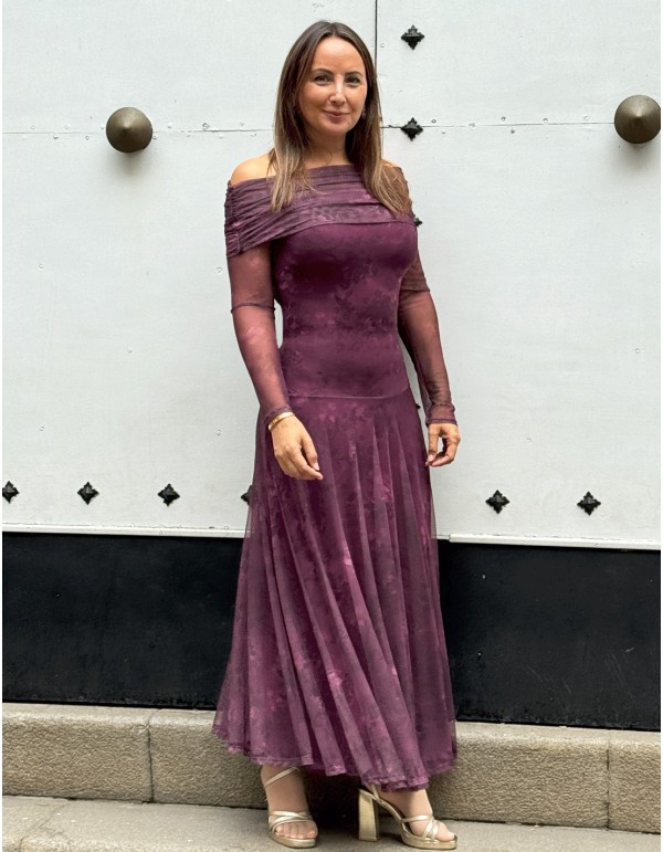 Long printed party dress with bardot neckline and tulle...