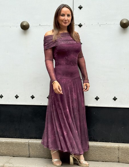 Long printed party dress with bardot neckline and tulle sleeves