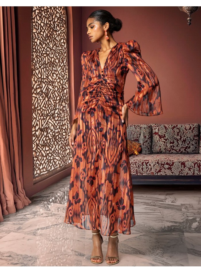 Vestido midi estampado floral con escote y manga larga abullonada