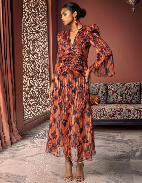 Floral print midi dress with neckline and long puffed sleeves