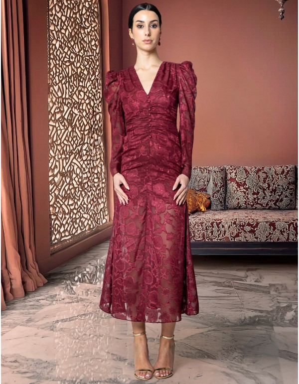 Floral midi dress with V-neckline and burgundy flared...