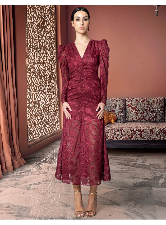Robe midi florale avec décolleté en V et manches évasées bordeaux