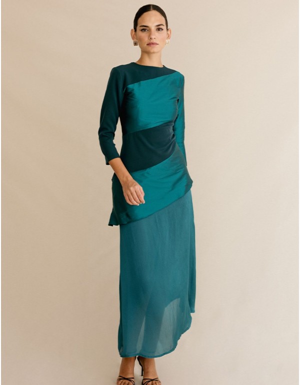 Vestido de fiesta con mezcla de tejidos y falda de gasa 2