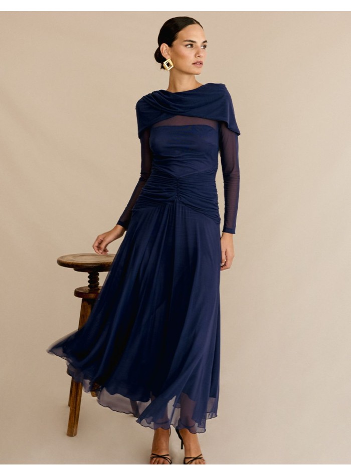 Midi party dress in draped knitted fabric with vaporous skirt